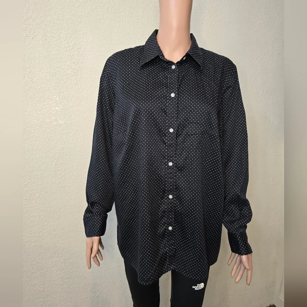 Lauren Ralph Lauren Womens 1x Button Up Shirt Long Sleeve Polka Dot Black White - Picture 1 of 7